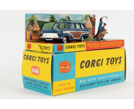 Corgi Toys Ford Consul Cortina Super Estate Car with golfer, Caddie Boy, Trolley &amp; Bag. Car in metallic blue with cream i