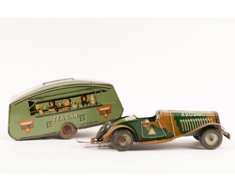 A rare Mettoy Army MG with a Y.M.C.A. Caravan. MG in green and brown camouflage, vehicle number Z203160 to sides. Caravan in 