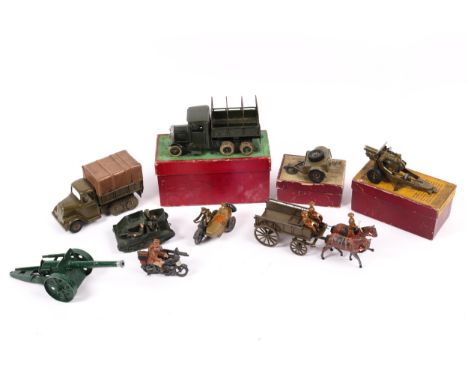 4 Britains military vehicles plus other items. A British Army 10-Wheel Covered Tender No.1432, with white rubber tyres, openi