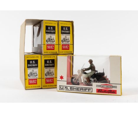 6 Britains ltd  No.9692 U.S. Sheriff Harley Davidson motorcycles, 1:32 scale. All are boxed and look unused contained in the 