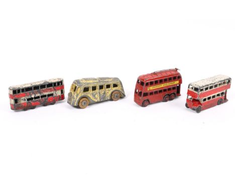 4 scarce  Pre war model buses by JOHILLCO, 6 wheeled trolley bus "CHAMPIONS MALT VINEGAR" labels applied to each side, London