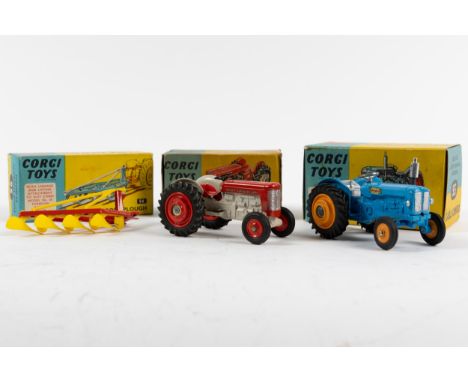 3 Corgi Toys Fordson 'Power Major' Tractor (55). In mid blue with orange wheels, black tyres. A Massey Ferguson 65 Tractor (5