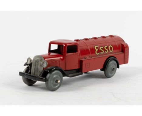 A well restored Dinky Toys France. 25D ESSO fuel tanker, red body and black chassis with Zamak wheels. Decals are applied to 