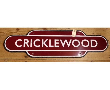 A B.R. (W) Station Enamel Totem Sign, 'Cricklewood'. Fully flanged, with a black edge, 4 holes drilled for mounting. GC, some