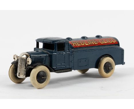 Dinky Toys 25D fuel tanker finished in navy blue with black chassis. REDLINE-GLICO transfers applied to each side of the tank