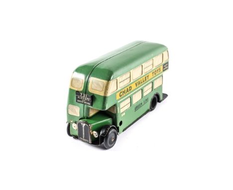 A scarce Chad Valley No.10071 clockwork, tinplate double deck bus "Greenline". Chad Valley Toys litho to each side. Rubber wh