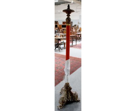 A Carved and Fabric Mounted Standard Lamp, in the form of a 16th Century candlestick, 160cm (including fittings)