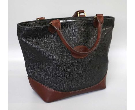 Black Mulberry Scotch Grain Tote Handbag, with dark tan leather mounts and handles, gold-tone hardware, zip fastening, checke
