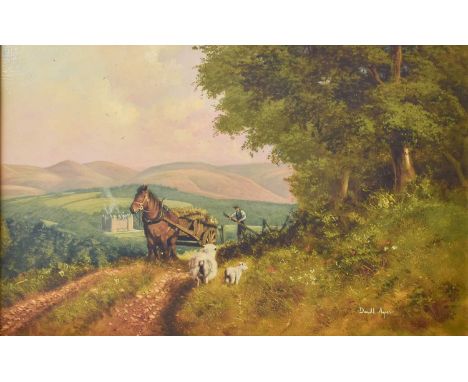Donald Ayres (b.1936)Farmer with loaded haycart, with Drumlanrig Castle beyondSigned, dated 1989 verso, oil on canvas, 40cm b