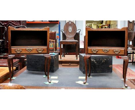 A Pair of Georgian Style Oak Side Tables, with galleried tops and each fitted with a drawer, 49cm by 32cm by 72cmOne with lar