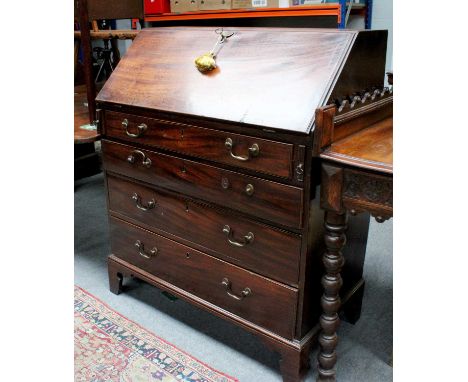 A George III Mahogany Bureau, 93cm by 50cm by 113cmInternal scroll carved moulding lacking, internal cupboard door a little s