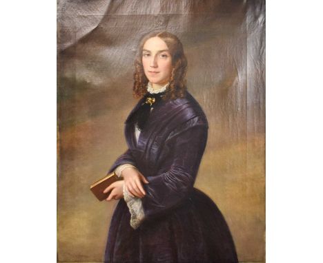 German SchoolPortrait of a lady, standing three-quarter length, wearing a purple dress and holding a bookIndistinctly signed 