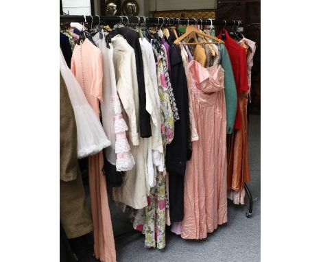 Assorted Ladies Costume, including pink and peach silk dresses, crepe dresses, jackets, a navy overcoat, a cream linen overco