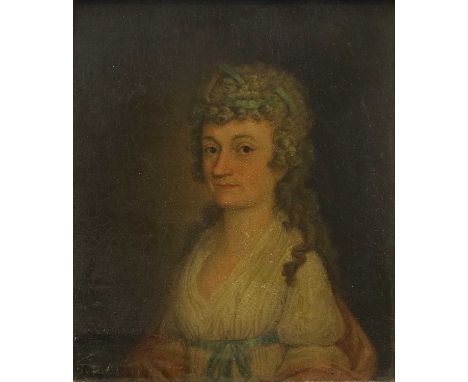 British School (Early 19th Century)Portrait of a lady, half-length seated, wearing blue ribbons to her hair said to be "Great