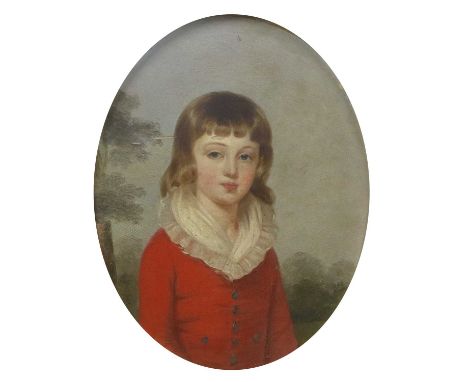 British School (19th Century)Portrait of a young boy, reputedly Gilroy Upperbly of Leeds, half-length, wearing a red jacket a
