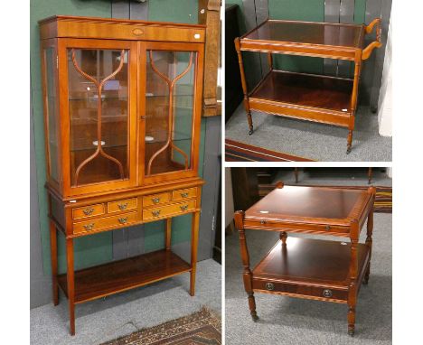 Reproduction Furniture, to include: a satinwood inlaid glazed two door display cabinet on stand, the stand fitted with an arr