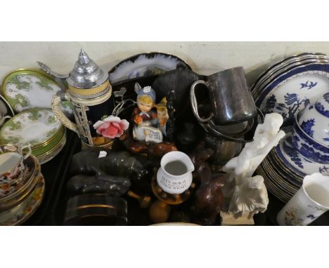 A Tray Containing Various Animal and Figural Ornaments, Ceramic Lager Stein, Silver Plate Ice Bucket and Tankard etc 