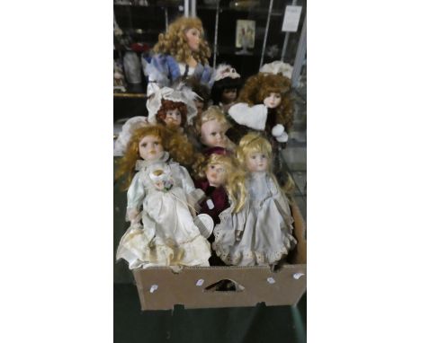 A Box of Modern Ceramic Head Dolls, Approximately 10 