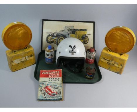 A Tray Containing Helmet, Two Amber Road Warning Lamps, Vintage Car Polishes and a Rolls Royce Print 