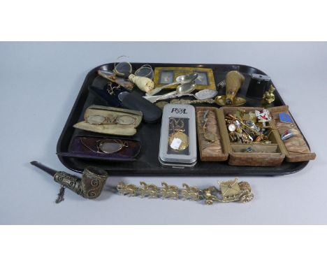 A Tray of Curios to Include Vintage Spectacles and Pince Nez, Costume Jewellery and Jewellery Box, Horn Scent Bottle, Filigre