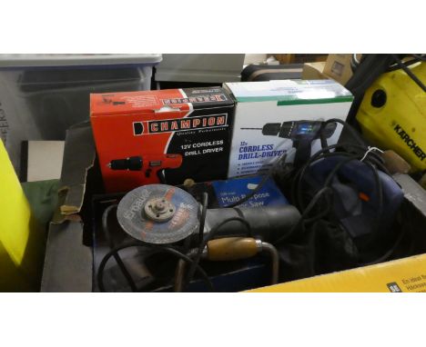 A Box of Various Power Tools to Include Cordless Drills, Grinder, Power Saw etc 