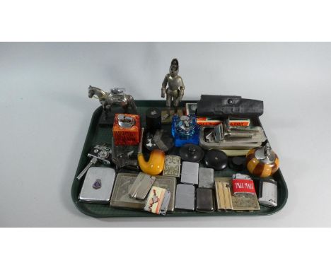 A Tray Containing Various Novelty and Pocket Cigarette Lighters, Cigarette Cases, Vintage Razors etc 