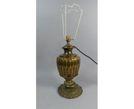 A Ribbed Brass Vase Shaped Table Lamp Base with Replacement Bulb Fitting and Wire, 37cm High 