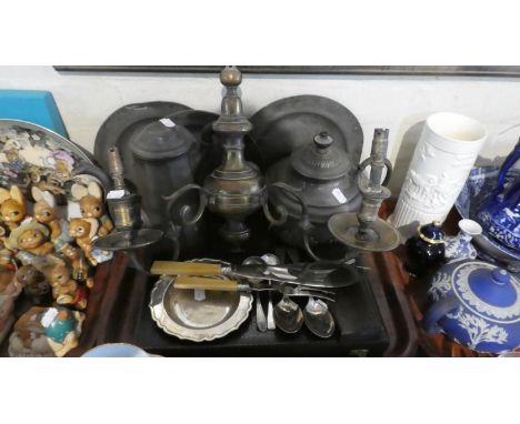 A Tray Containing Various Early Pewter Plates, Pewter Coffee Pot, Two Branch Brass Wall Lamp etc 