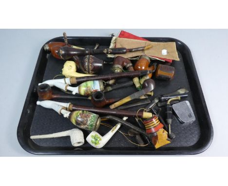 A Tray Containing Various Continental Vintage Ceramic and Wooden Pipes 