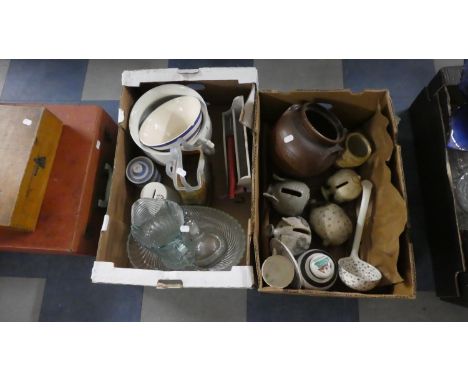 Two Boxes of Kitchenwares, Stoneware Pig Money Boxes, Oriental Ginger Jar, Ceramic Ladle Etc 