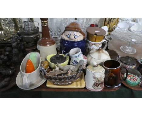 A Tray of Ceramics to Include Pea and Carrot Cruet, Wade Nursery Rhyme Figures and Long Boat, Poole Vase, Onion Pot Etc 