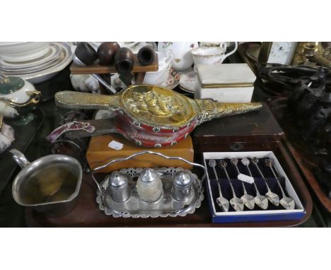 A Tray Containing Brass Mounted Bellows, Set of Six Teaspoons, Lacquered Box, Vintage Pipe, Cruet Set Etc 