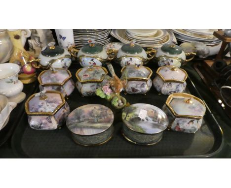 A Collection of Various Musical Ceramic Boxes with Butterfly Finials, Flights of Fancy, Oriental Boxes etc 