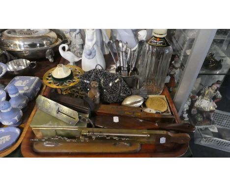 A Tray of Sundries to Include Brass Cut Out Model of a WWII Destroyer, Two Spirit Levels, Brass Mounted Spring Balance, Vinta