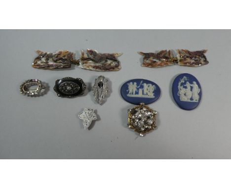 A Collection of Mother Pearl Fastenings In the Form of Hounds Together with Oval Jasperware Plaques, Marcasite and Enamel Bro