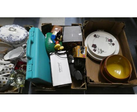 Two Boxes of Sundries to Include Mickey Mouse Phone, Cased Camera, Slimming Aid, Ceramics Etc 