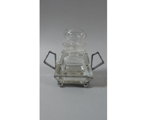 An Art Deco Glass Desk Top Inkwell Set in Silver Plated Two Handled Stand, 14.5cm High 