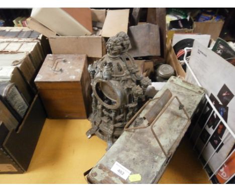 A QUANTITY OF COLLECTABLE ITEMS, TO INCLUDE VINTAGE AMMUNITION BOX, CYCLE LAMP, CLOCK CASES, ETC