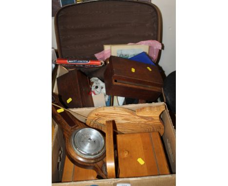 A SUITCASE OF COLLECTABLES, TOGETHER WITH A SEWING BOX, A BAROMETER ETC