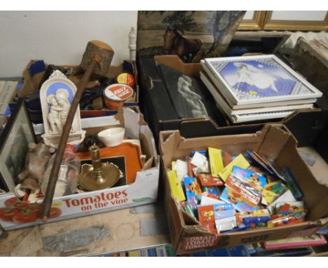 FOUR TRAYS OF COLLECTABLES TO INCLUDE  VINTAGE TINS, RETRO PACKAGED TOYS, PICTURES, ETC