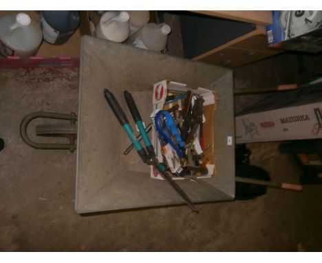 A WHEEL BARROW TOGETHER WITH ASSORTED TOOLS, ETC 