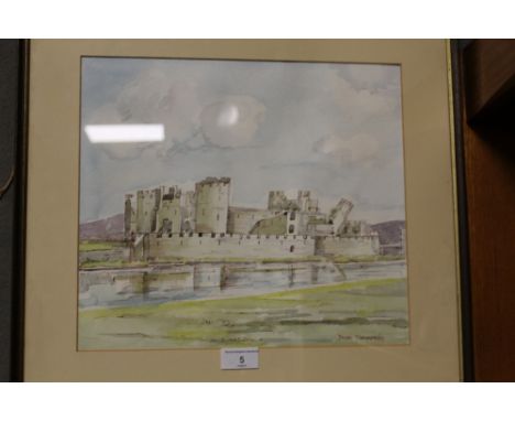 A FRAMED AND GLAZED WATERCOLOUR OF CAERPHILLY CASTLE, SIGNED BRIAN HAMMERSLEY
