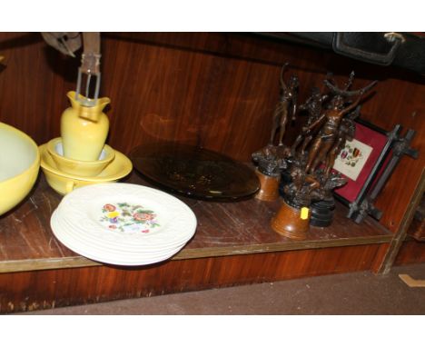 A ROYAL DOULTON WASH BASIN SET, TOGETHER WITH FOUR SPELTER STYLE FIGURES, WEDGWOOD, ETC