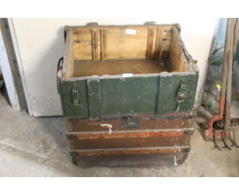 A VINTAGE WOODEN TRUNK TOGETHER WITH A VINTAGE MILITARY TYPE TRUNK (MISSING LID)