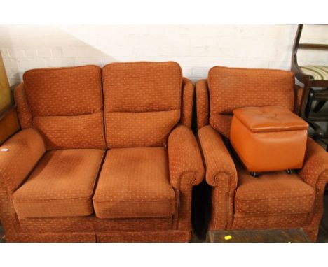 A TWO PIECE UPHOLSTERED SUITE TOGETHER WITH A POUFFE