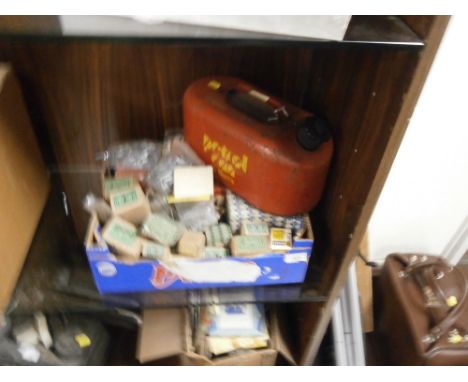 A BOX OF ASSORTED (MAINLY BOXED) VINTAGE NAILS AND TACKS, TOGETHER WITH A RETRO PETROL CAN