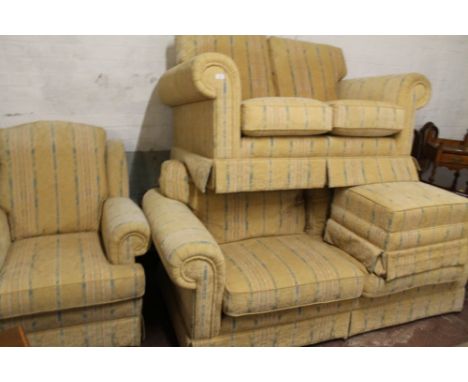 A THREE PIECE UPHOLSTERED SUITE WITH POUFFE 