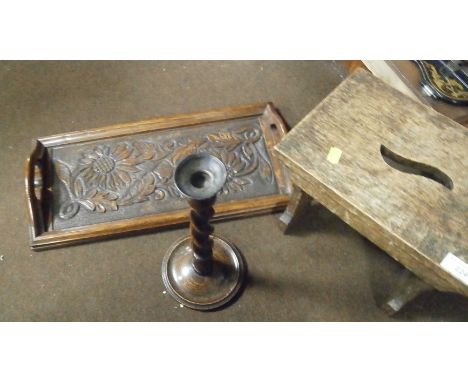 A DECORATIVE WOODEN TRAY TOGETHER WITH A SMALL OAK STOOL AND A BARLEYTWIST CANDLESTICK