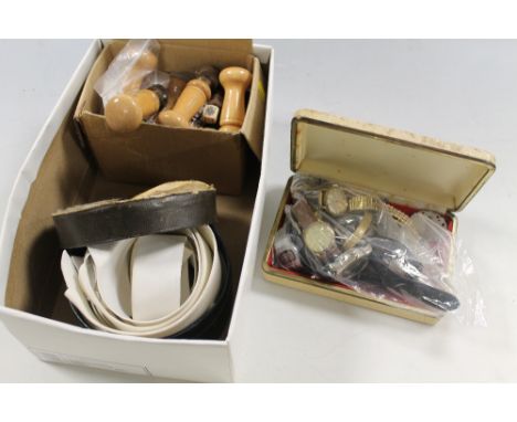 A BOX OF COLLECTABLES TO INCLUDE, A BOX OF ASSORTED WRIST WATCHES, COSTUME JEWELLERY AND VINTAGE STAMPS