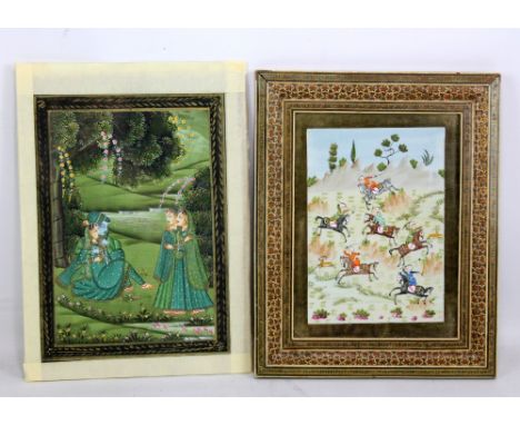 A 20th century Indian Mughal type gouache depicting figures in a garden, 27 x 19cm, unframed but glazed, and a further Persia